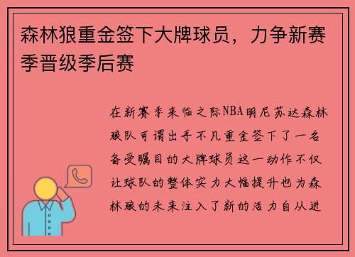 森林狼重金签下大牌球员，力争新赛季晋级季后赛