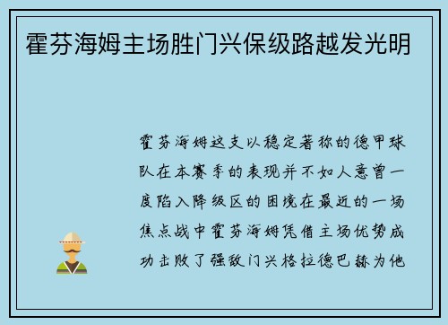 霍芬海姆主场胜门兴保级路越发光明
