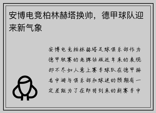 安博电竞柏林赫塔换帅，德甲球队迎来新气象