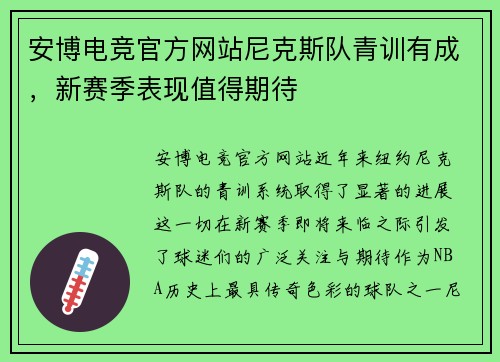 安博电竞官方网站尼克斯队青训有成，新赛季表现值得期待