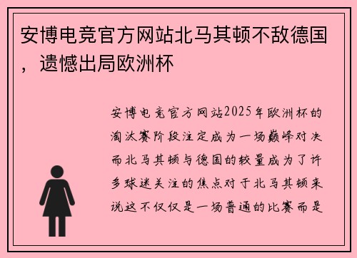 安博电竞官方网站北马其顿不敌德国，遗憾出局欧洲杯