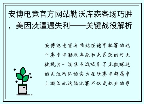 安博电竞官方网站勒沃库森客场巧胜，美因茨遭遇失利——关键战役解析