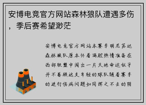 安博电竞官方网站森林狼队遭遇多伤，季后赛希望渺茫