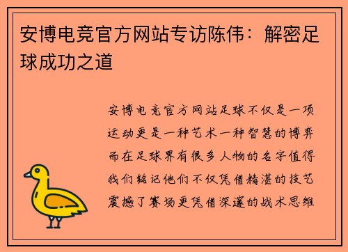 安博电竞官方网站专访陈伟：解密足球成功之道